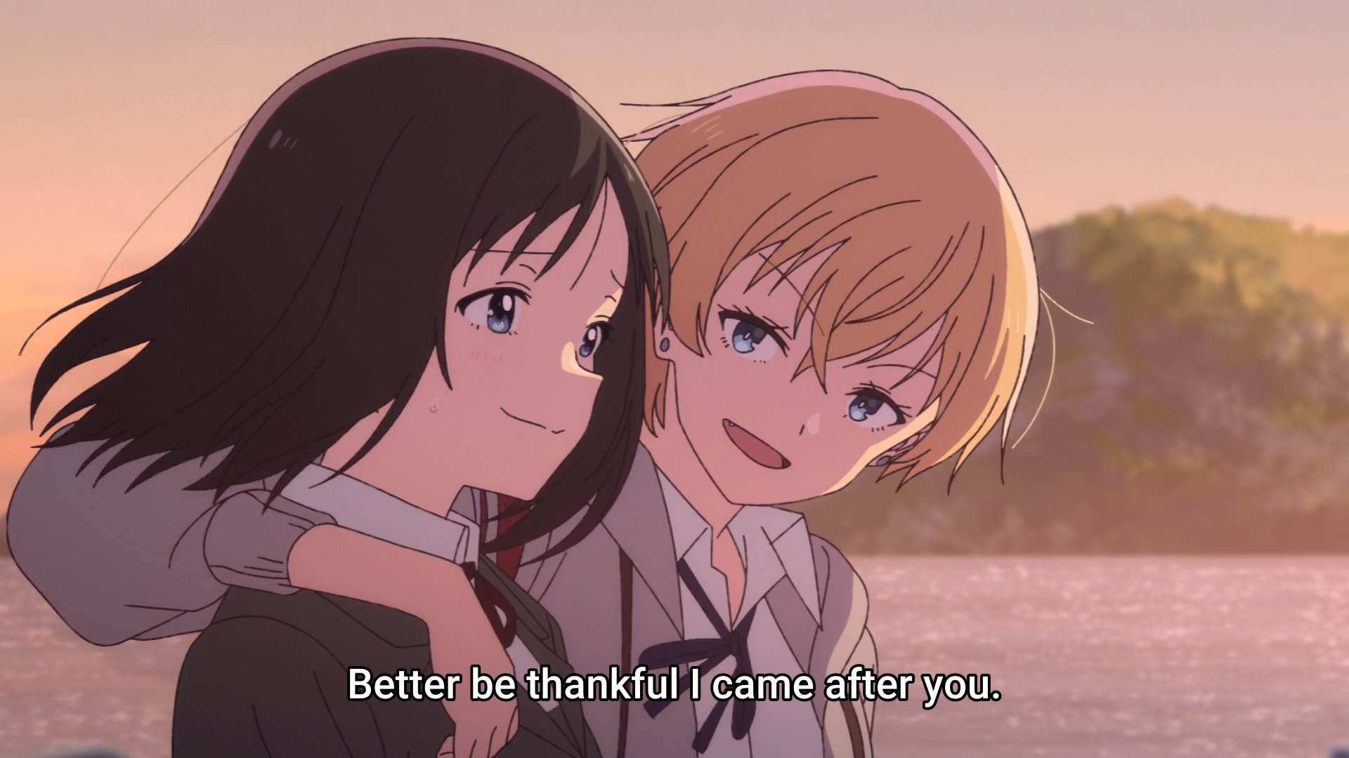 'Better be thankful I came after you.' says the short cropped blonde haired senpai to her insecure, black haired kohai, both smiling.